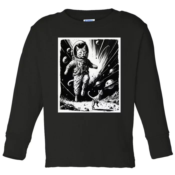 Aliens Abducting cats into Flying UFO Saucer in Cosmic Space Toddler Long Sleeve Shirt