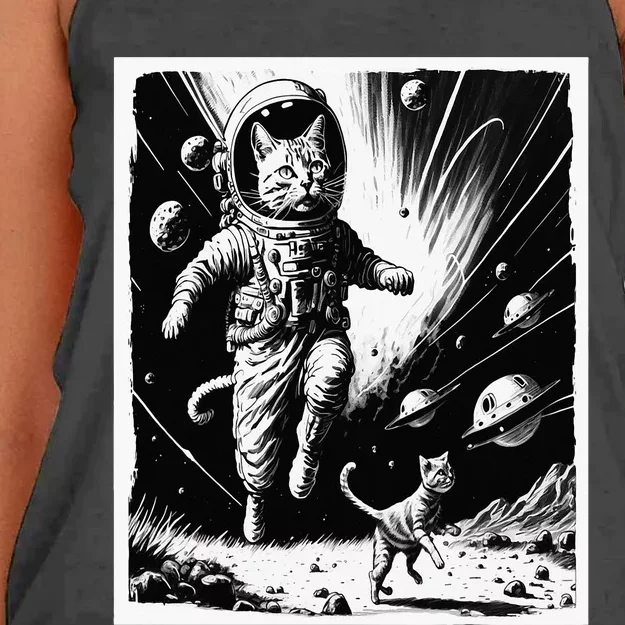 Aliens Abducting cats into Flying UFO Saucer in Cosmic Space Women's Knotted Racerback Tank