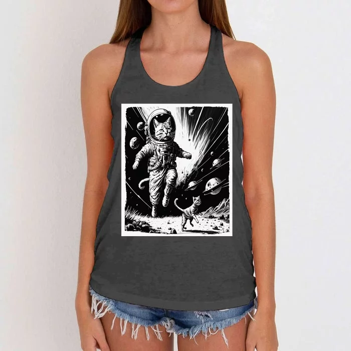 Aliens Abducting cats into Flying UFO Saucer in Cosmic Space Women's Knotted Racerback Tank