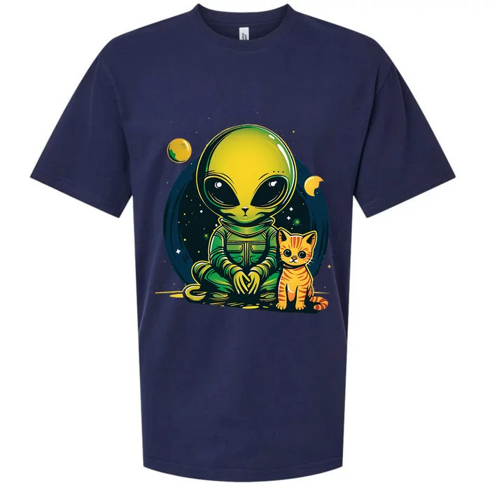 Alien And Cat Funny Cat Selfie With Alien Vintage Ufo Sueded Cloud Jersey T-Shirt