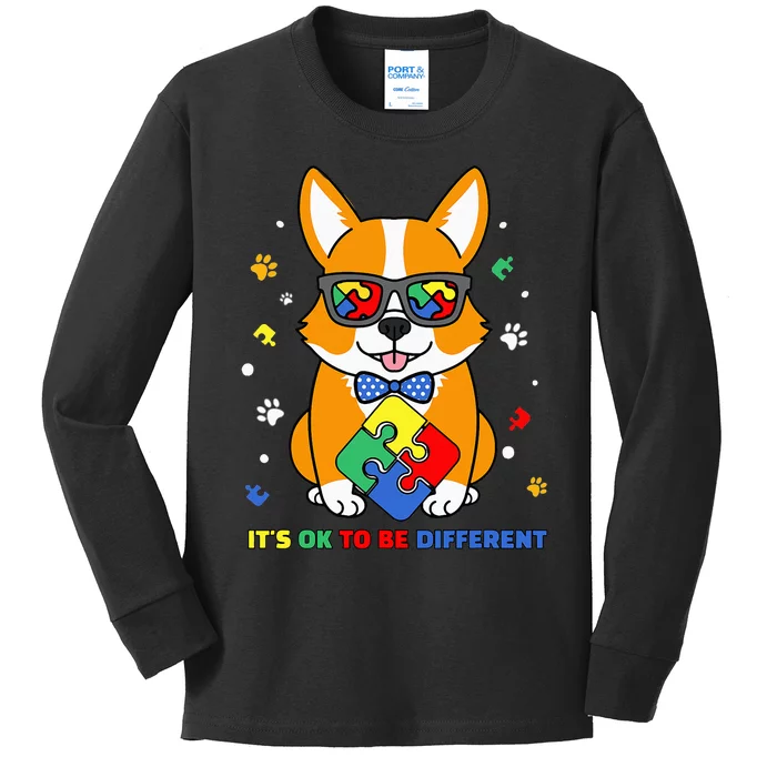 Autism Awareness Corgi Dog Puzzle It's Ok To Be Different Kids Long Sleeve Shirt