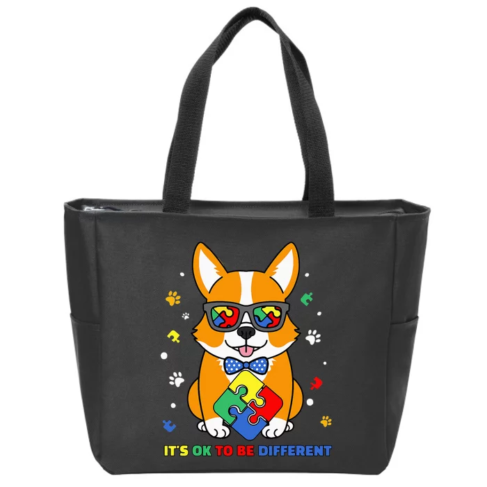 Autism Awareness Corgi Dog Puzzle It's Ok To Be Different Zip Tote Bag