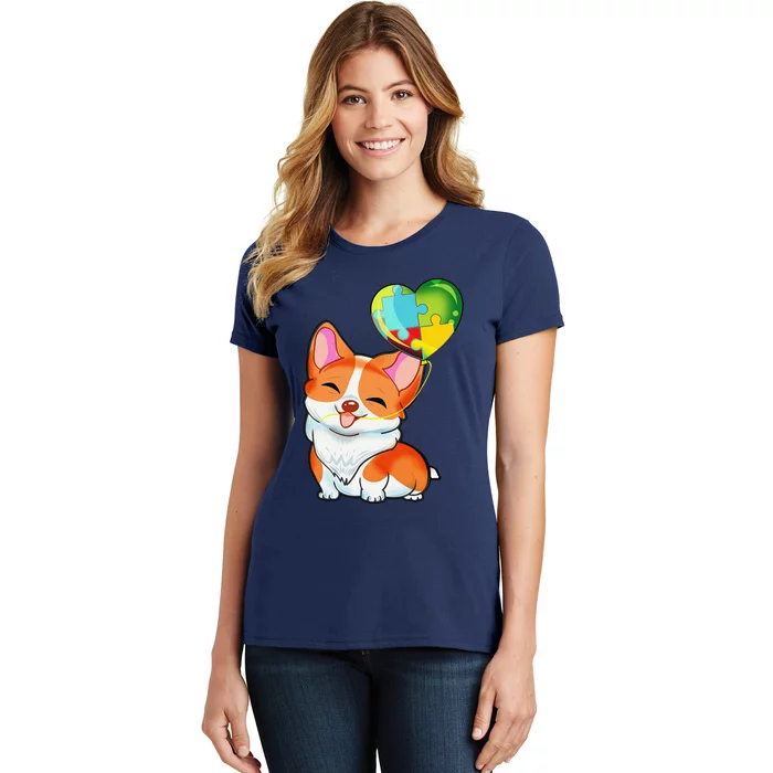 Autism Awareness Corgi Puppy Dog Puzzles Heart Balloon Women's T-Shirt