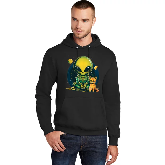 Alien And Cat Funny Cat Selfie With Alien Vintage Ufo Funny Hoodie