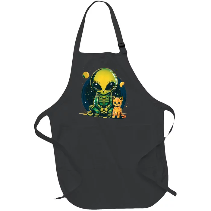 Alien And Cat Funny Cat Selfie With Alien Vintage Ufo Funny Full-Length Apron With Pocket