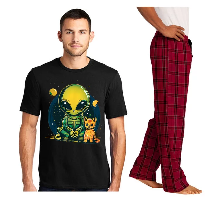 Alien And Cat Funny Cat Selfie With Alien Vintage Ufo Funny Pajama Set