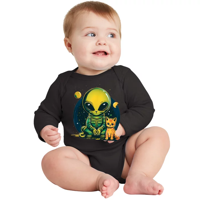 Alien And Cat Funny Cat Selfie With Alien Vintage Ufo Funny Baby Long Sleeve Bodysuit