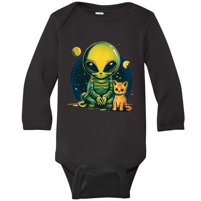 Alien And Cat Funny Cat Selfie With Alien Vintage Ufo Funny Baby Long Sleeve Bodysuit