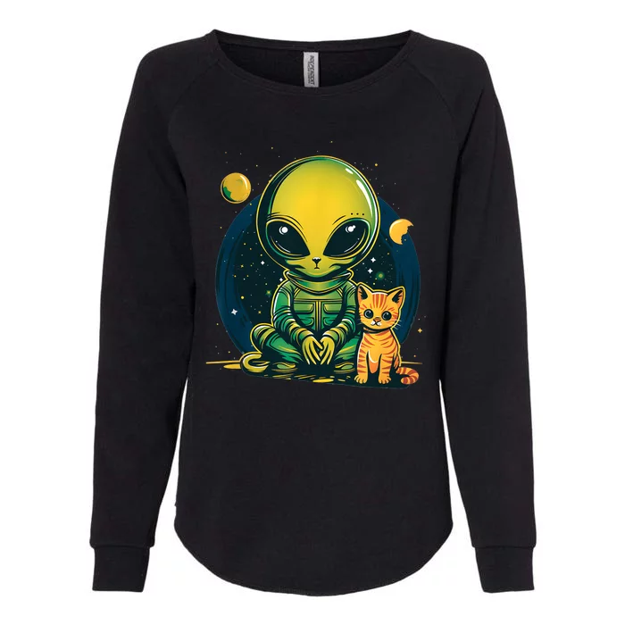 Alien And Cat Funny Cat Selfie With Alien Vintage Ufo Funny Womens California Wash Sweatshirt