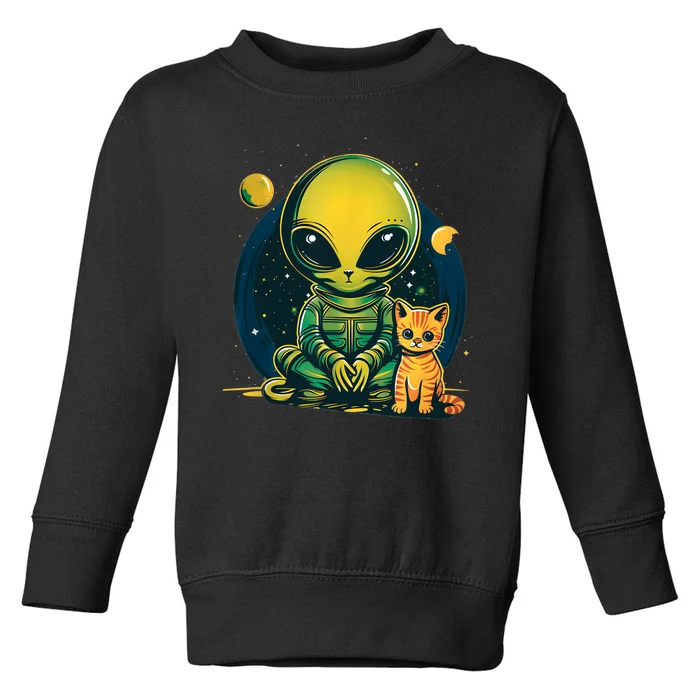 Alien And Cat Funny Cat Selfie With Alien Vintage Ufo Funny Toddler Sweatshirt