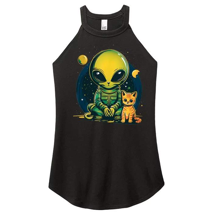 Alien And Cat Funny Cat Selfie With Alien Vintage Ufo Funny Women’s Perfect Tri Rocker Tank