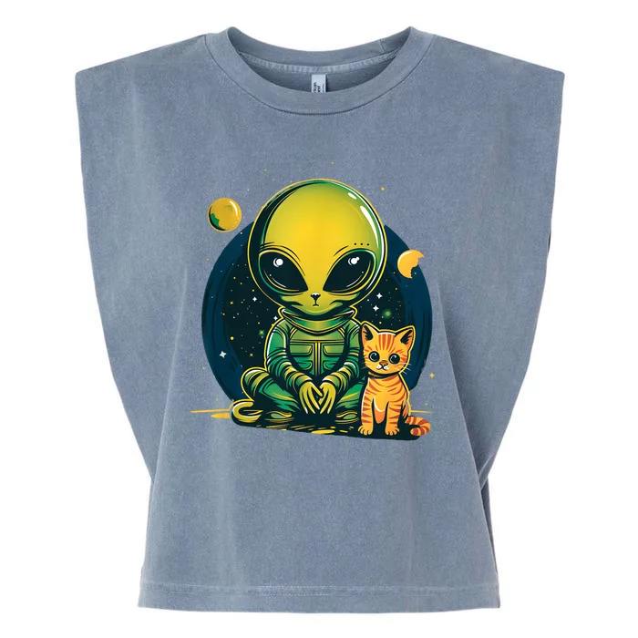 Alien And Cat Funny Cat Selfie With Alien Vintage Ufo Funny Garment-Dyed Women's Muscle Tee