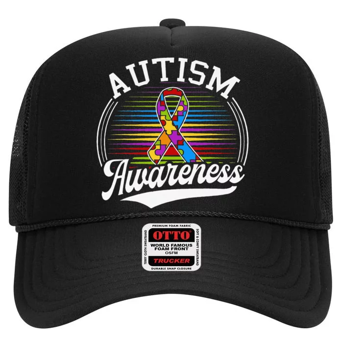 Autism Awareness Colorful Puzzle Ribbon High Crown Mesh Trucker Hat