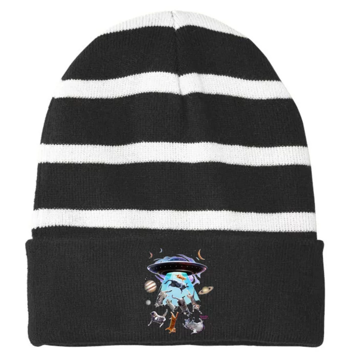 Aliens Abducting Cats Cat Kittens Ufo Saucer Cat Lover Gifts Striped Beanie with Solid Band