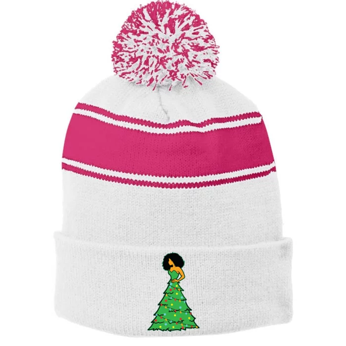 African American Christmas Tree Xmas Decor Stripe Pom Pom Beanie