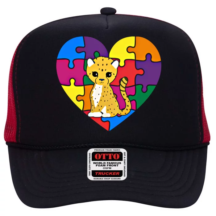 Autism Awareness Cheetahs Heart ValentineS Day Puzzle Piece Funny Gift High Crown Mesh Trucker Hat