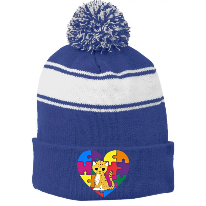 Autism Awareness Cheetahs Heart ValentineS Day Puzzle Piece Funny Gift Stripe Pom Pom Beanie