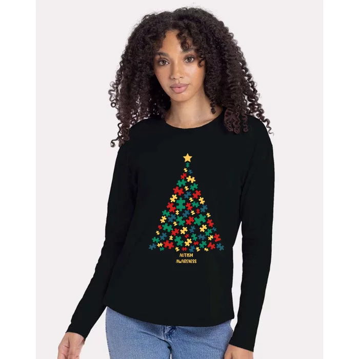 Autism Awareness Christmas Tree Gift Womens Cotton Relaxed Long Sleeve T-Shirt