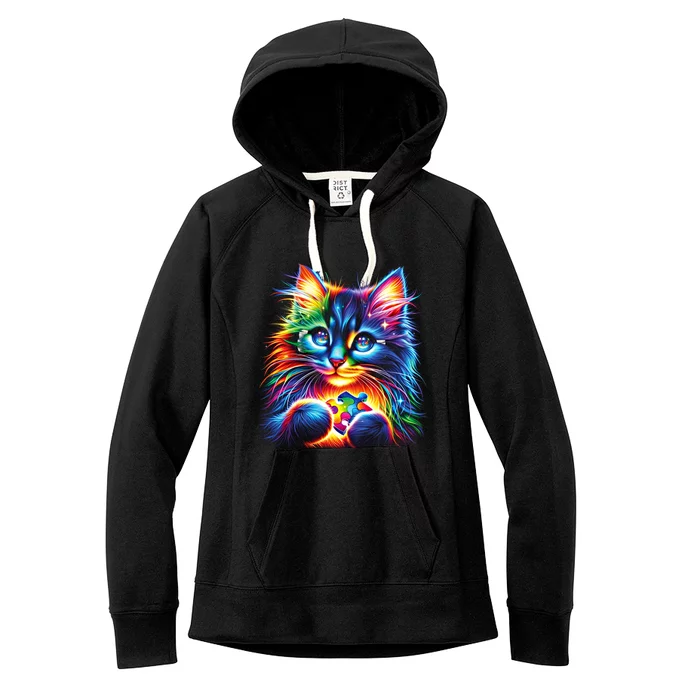 Autism Awareness Colorful Cat Puzzles Autistic Support Gift Women's Fleece Hoodie