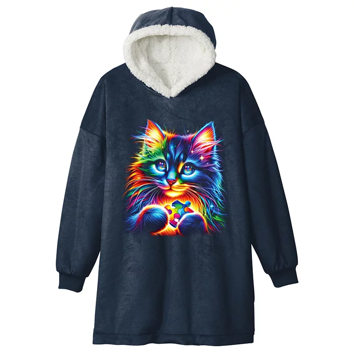 Autism Awareness Colorful Cat Puzzles Autistic Support Gift Hooded Wearable Blanket