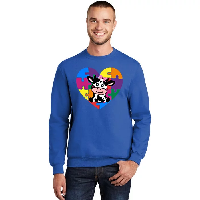 Autism Awareness Cow Heart ValentineS Day Puzzle Piece Gift Tall Sweatshirt