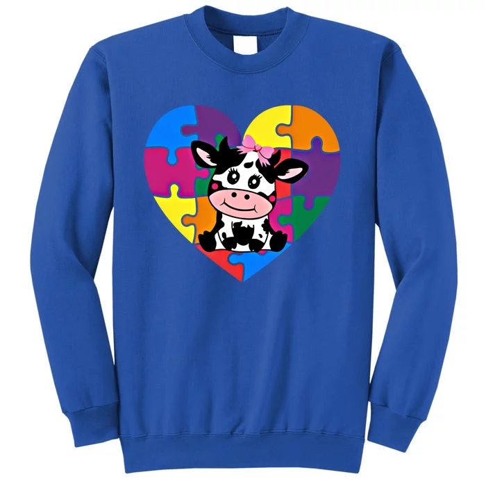 Autism Awareness Cow Heart ValentineS Day Puzzle Piece Gift Tall Sweatshirt