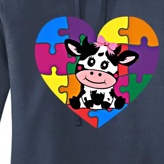 Autism Awareness Cow Heart ValentineS Day Puzzle Piece Gift Women's Pullover Hoodie