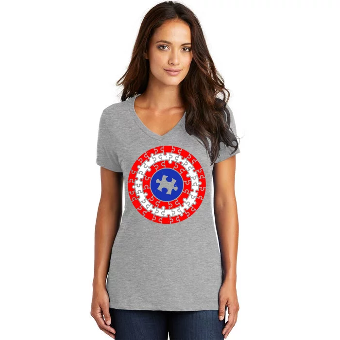 Autism Awareness Captain Puzzle Shield Women's V-Neck T-Shirt