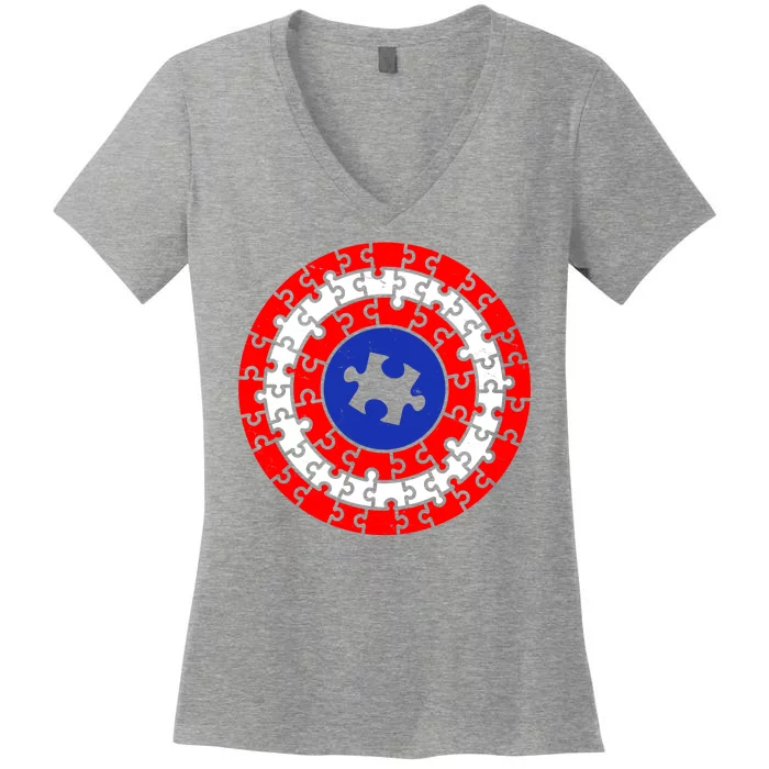 Autism Awareness Captain Puzzle Shield Women's V-Neck T-Shirt