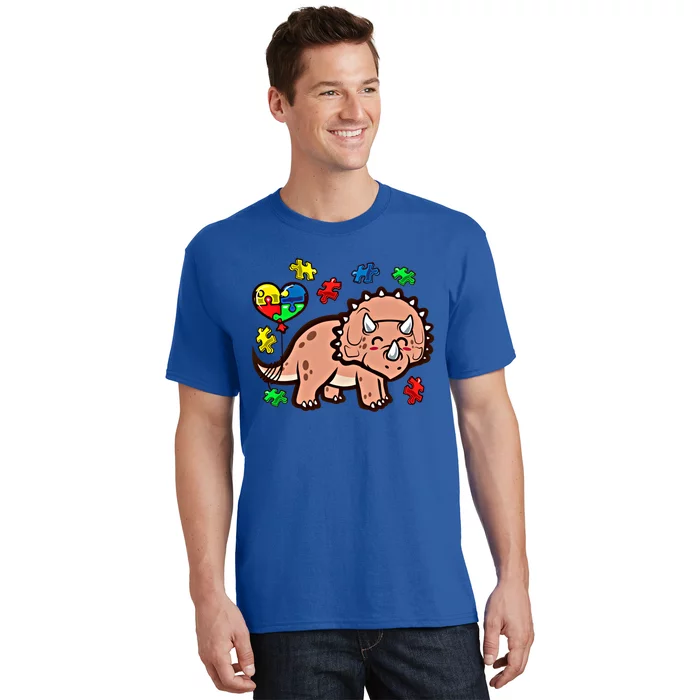 Autism Awareness Cute Triceratops Dinosaur Puzzle Heart Love Cute Gift T-Shirt