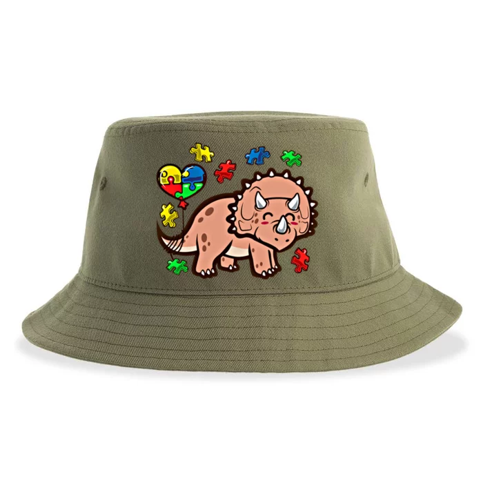 Autism Awareness Cute Triceratops Dinosaur Puzzle Heart Love Cute Gift Sustainable Bucket Hat