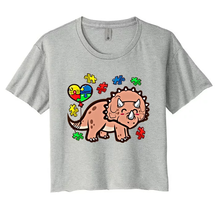 Autism Awareness Cute Triceratops Dinosaur Puzzle Heart Love Cute Gift Women's Crop Top Tee