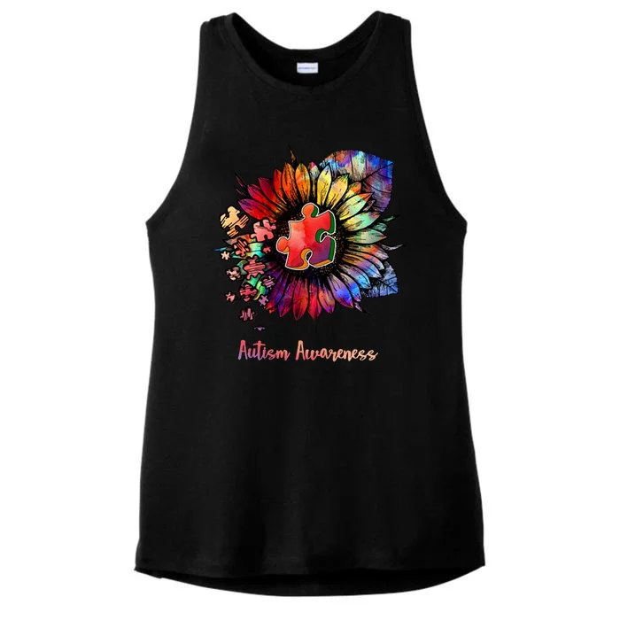 Autism Awareness Colorful Sunflower Ladies Tri-Blend Wicking Tank