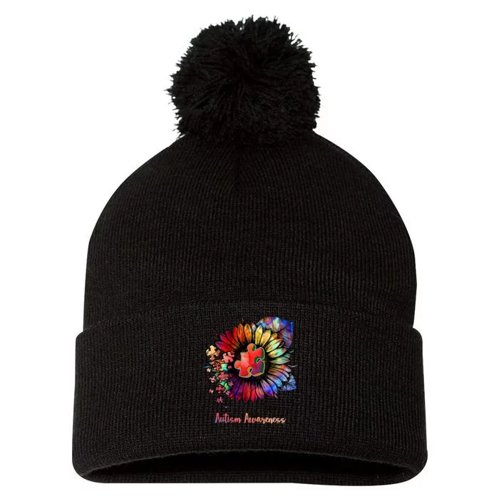 Autism Awareness Colorful Sunflower Pom Pom 12in Knit Beanie