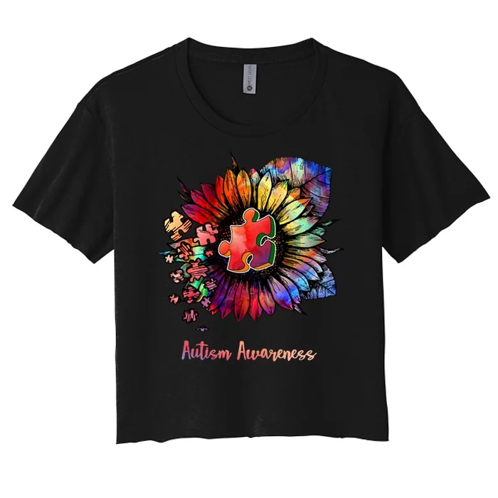 Autism Awareness Colorful Sunflower Women's Crop Top Tee