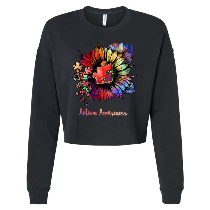 Autism Awareness Colorful Sunflower Cropped Pullover Crew