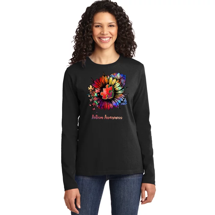 Autism Awareness Colorful Sunflower Ladies Long Sleeve Shirt