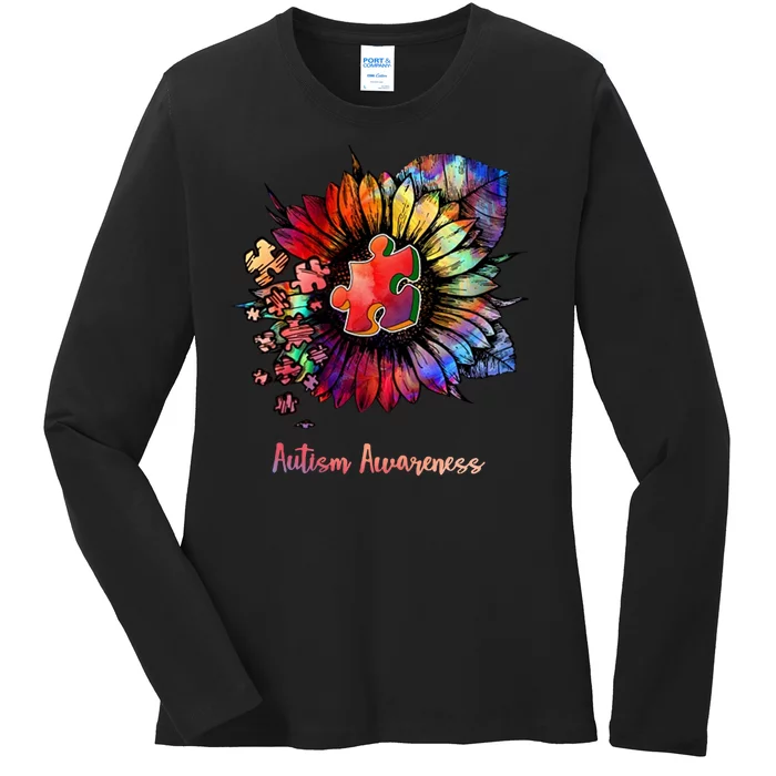 Autism Awareness Colorful Sunflower Ladies Long Sleeve Shirt