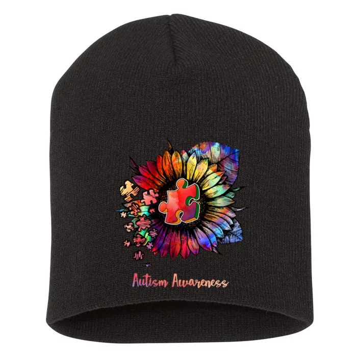 Autism Awareness Colorful Sunflower Short Acrylic Beanie