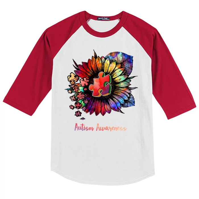 Autism Awareness Colorful Sunflower Kids Colorblock Raglan Jersey