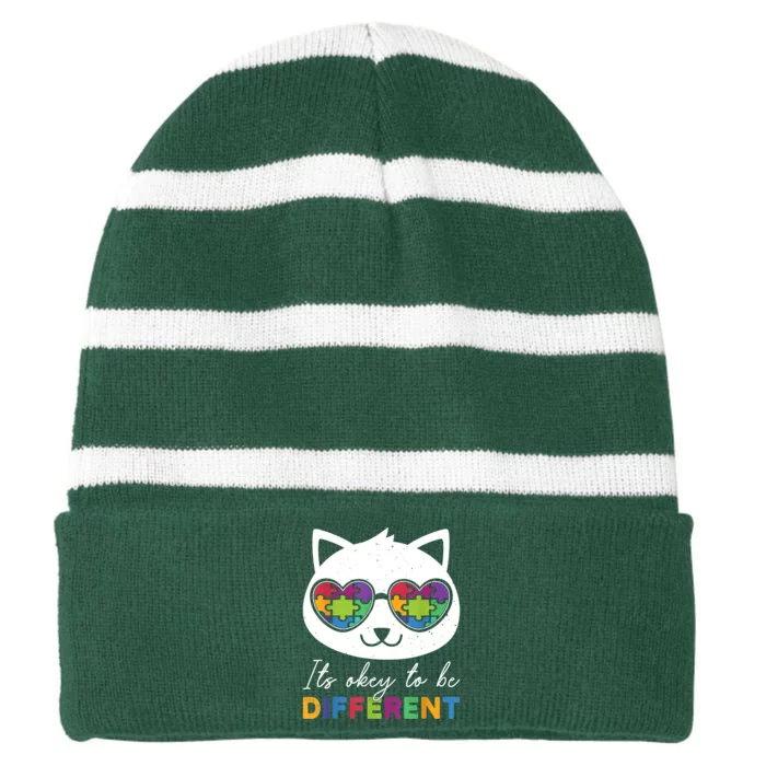 Autism Awareness Cat Warrior It's Ok To Be Different Striped Beanie with Solid Band