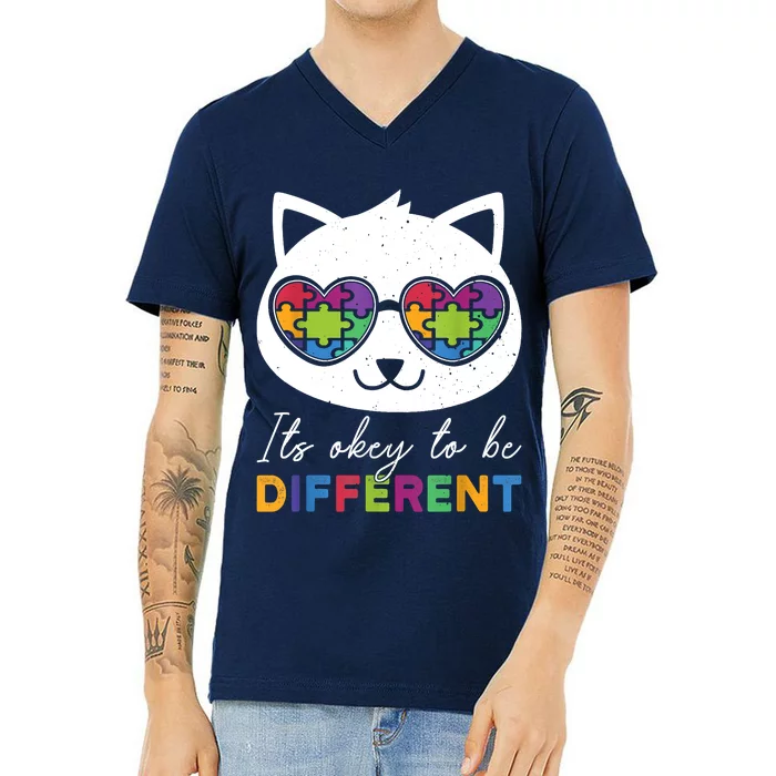 Autism Awareness Cat Warrior It's Ok To Be Different V-Neck T-Shirt