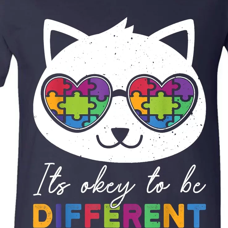 Autism Awareness Cat Warrior It's Ok To Be Different V-Neck T-Shirt