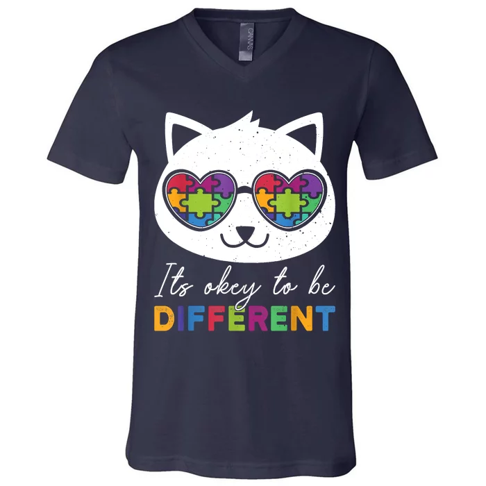 Autism Awareness Cat Warrior It's Ok To Be Different V-Neck T-Shirt