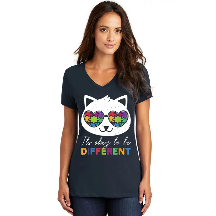 Autism Awareness Cat Warrior It's Ok To Be Different Women's V-Neck T-Shirt