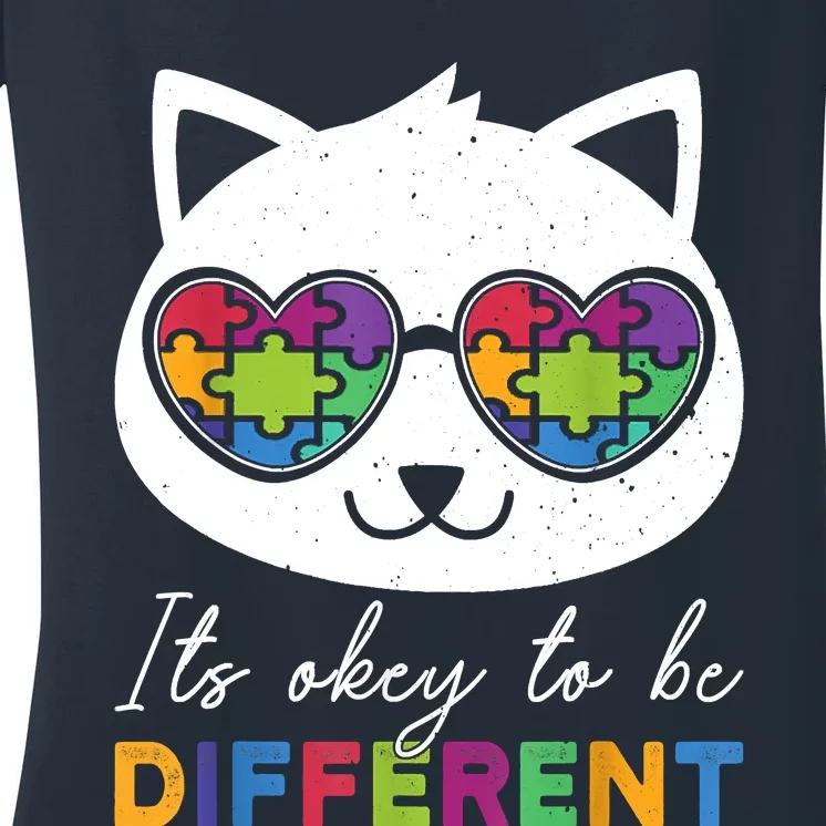 Autism Awareness Cat Warrior It's Ok To Be Different Women's V-Neck T-Shirt