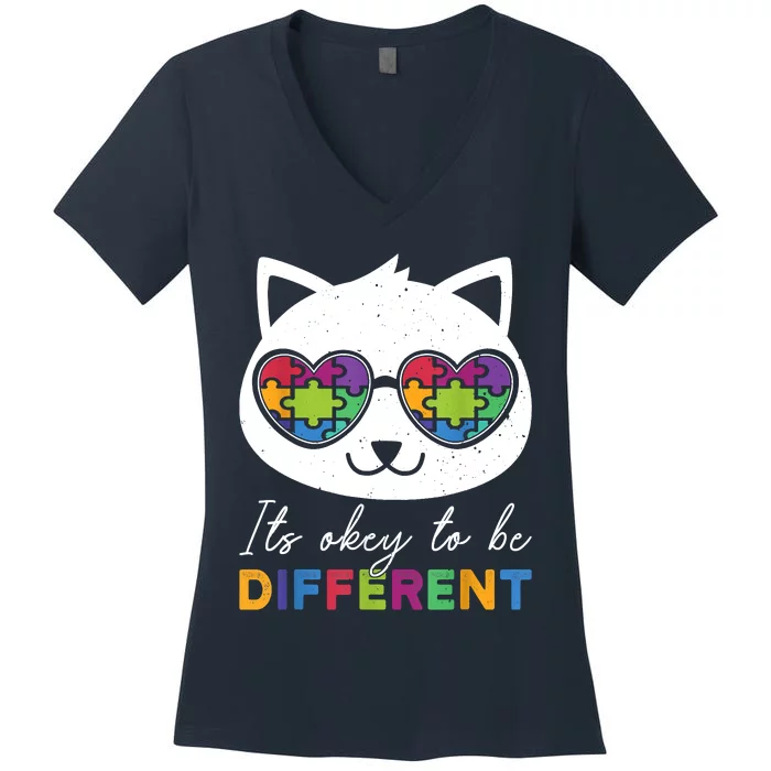 Autism Awareness Cat Warrior It's Ok To Be Different Women's V-Neck T-Shirt