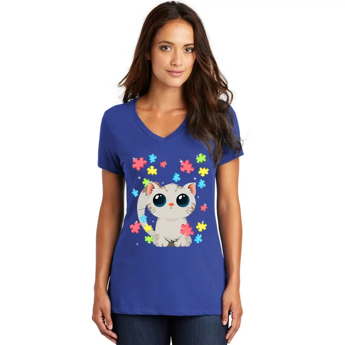 Autism Awareness Cute Cat Kitten Color Puzzles Balloons Great Gift Women's V-Neck T-Shirt