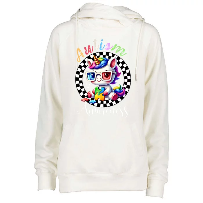 Autism Awareness Cute Unicorn Checker Autism Mom Gift Womens Funnel Neck Pullover Hood