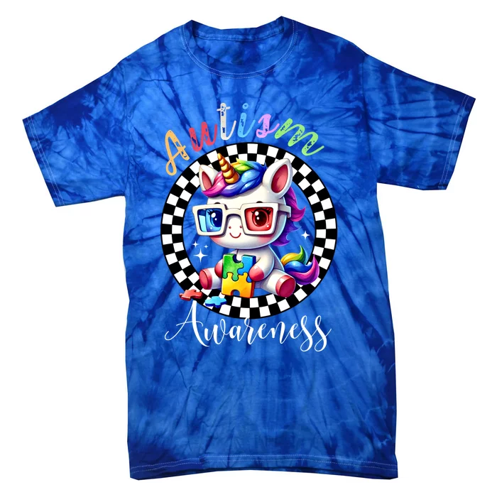 Autism Awareness Cute Unicorn Checker Autism Mom Gift Tie-Dye T-Shirt